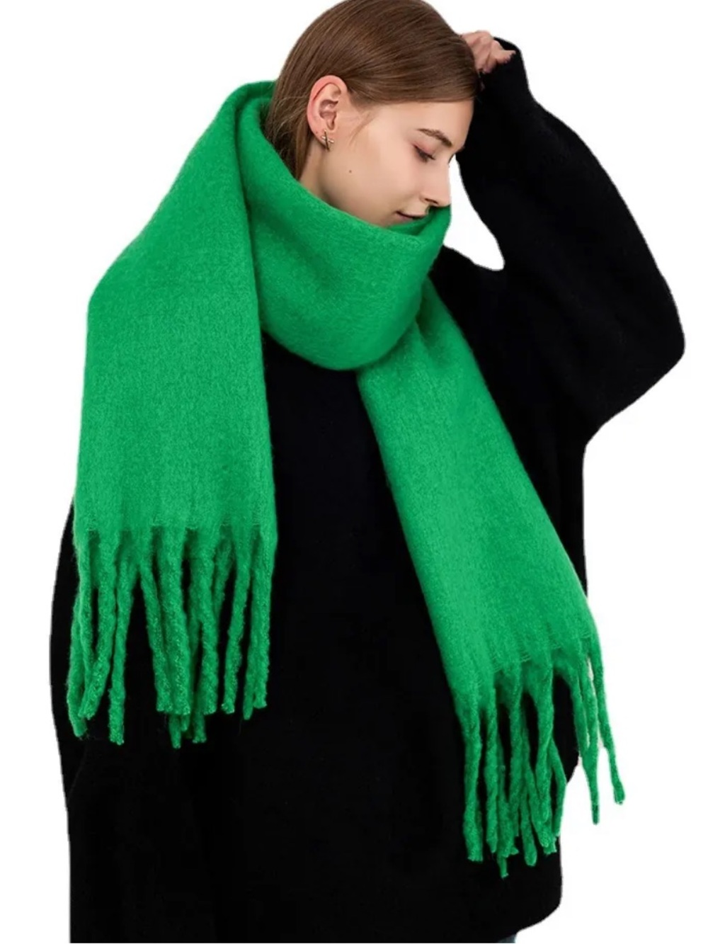 Cozy Oversized Fringe Scarf in Bright Green - Picture 3 of 10